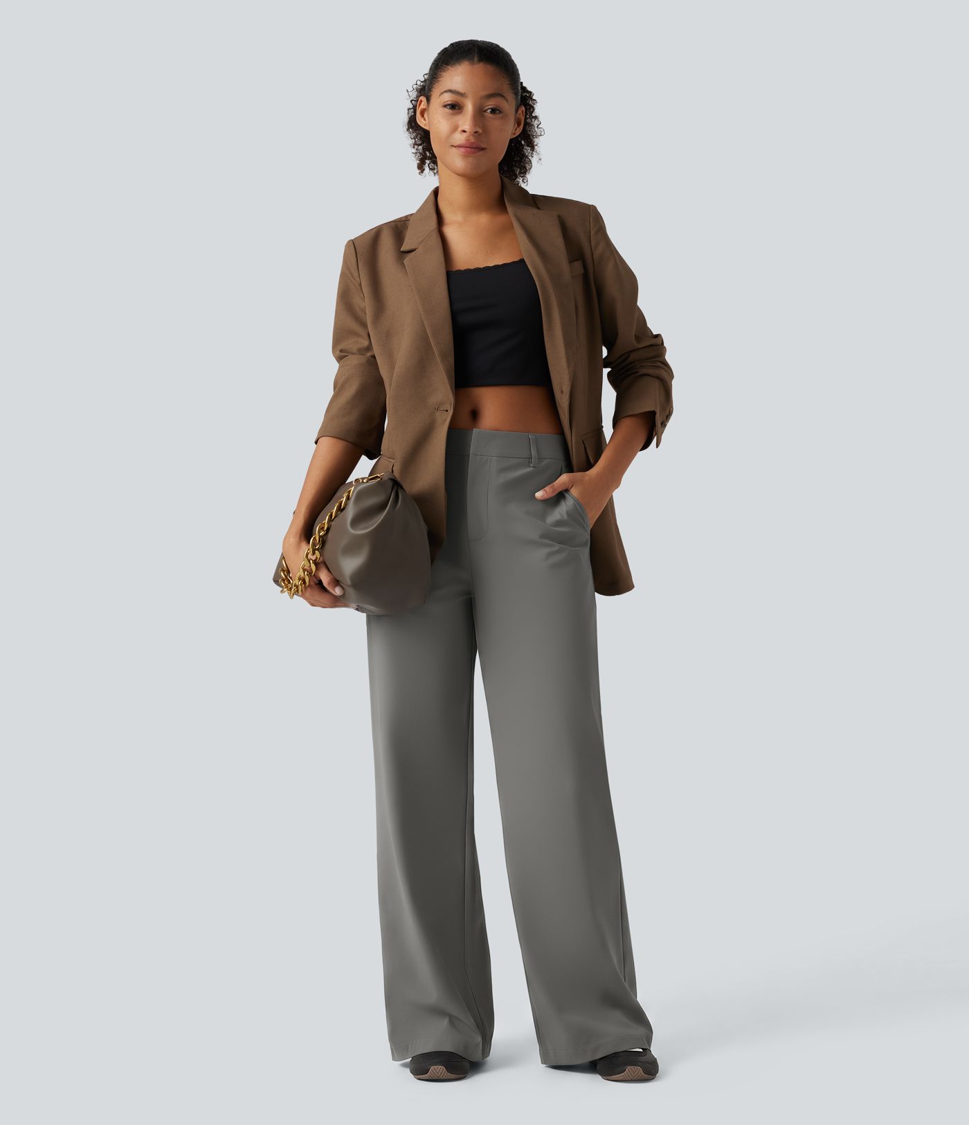 Wrinkle Recovery Mid Rise Straight Leg Work Pants with Pockets
