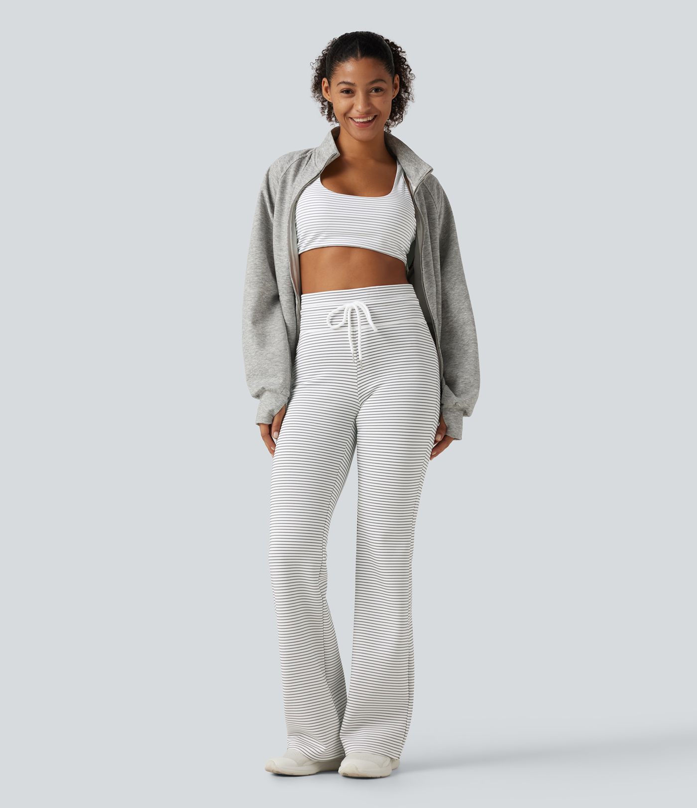 High Waisted Drawstring Flare Stripe Fleece Yoga Pants with Pockets