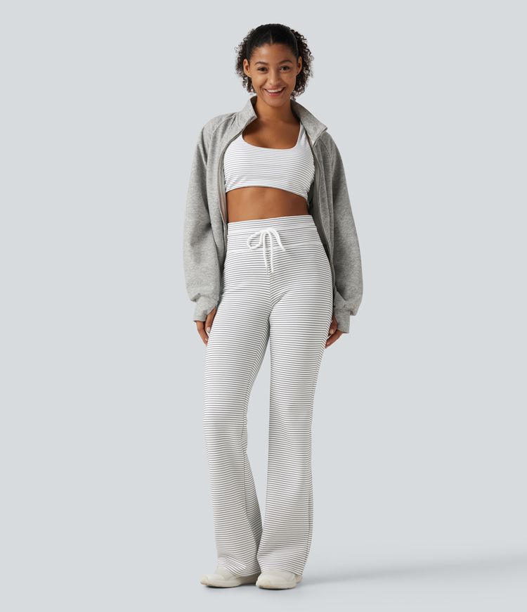 High Waisted Drawstring Flare Stripe Fleece Yoga Pants with Pockets