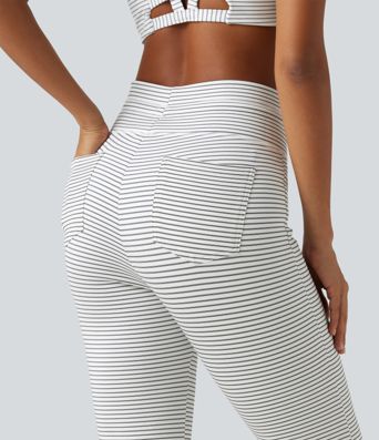 High Waisted Drawstring Flare Stripe Fleece Yoga Pants with Pockets