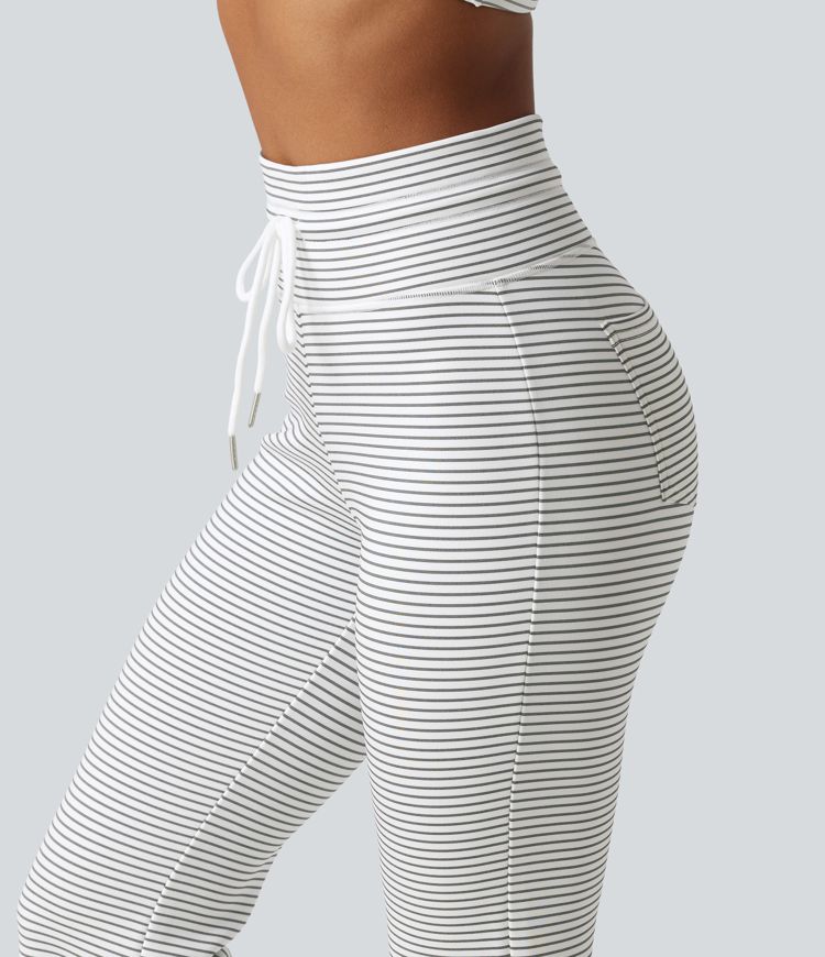 High Waisted Drawstring Flare Stripe Fleece Yoga Pants with Pockets