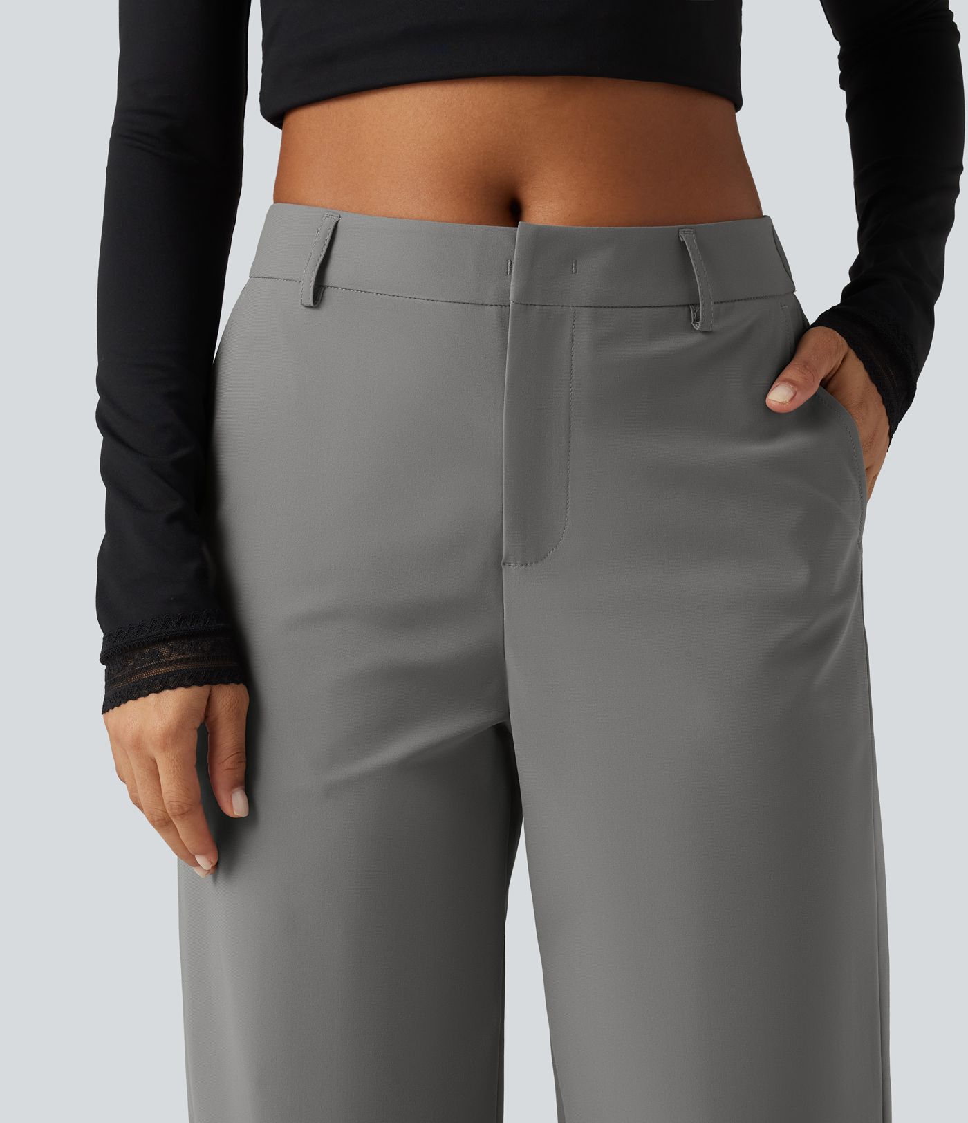 Wrinkle Recovery Mid Rise Straight Leg Work Pants with Pockets