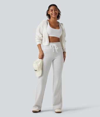 High Waisted Drawstring Flare Stripe Fleece Yoga Pants with Pockets