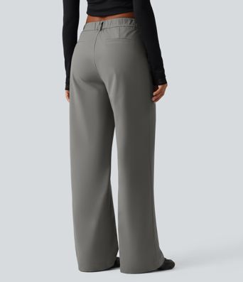 Wrinkle Recovery Mid Rise Straight Leg Work Pants with Pockets