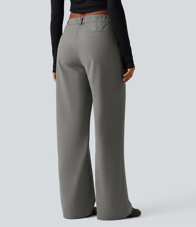 Wrinkle Recovery Mid Rise Straight Leg Work Pants with Pockets