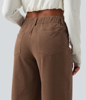 Mid Rise Asymmetric Wide Leg Corduroy Casual Pants with Pockets