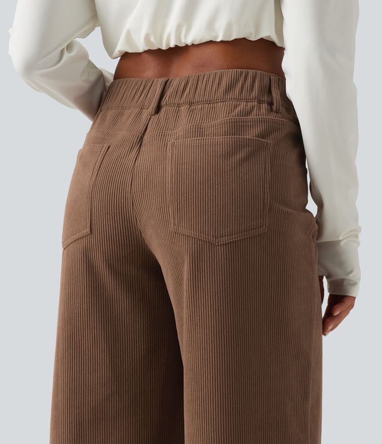 Mid Rise Asymmetric Wide Leg Corduroy Casual Pants with Pockets