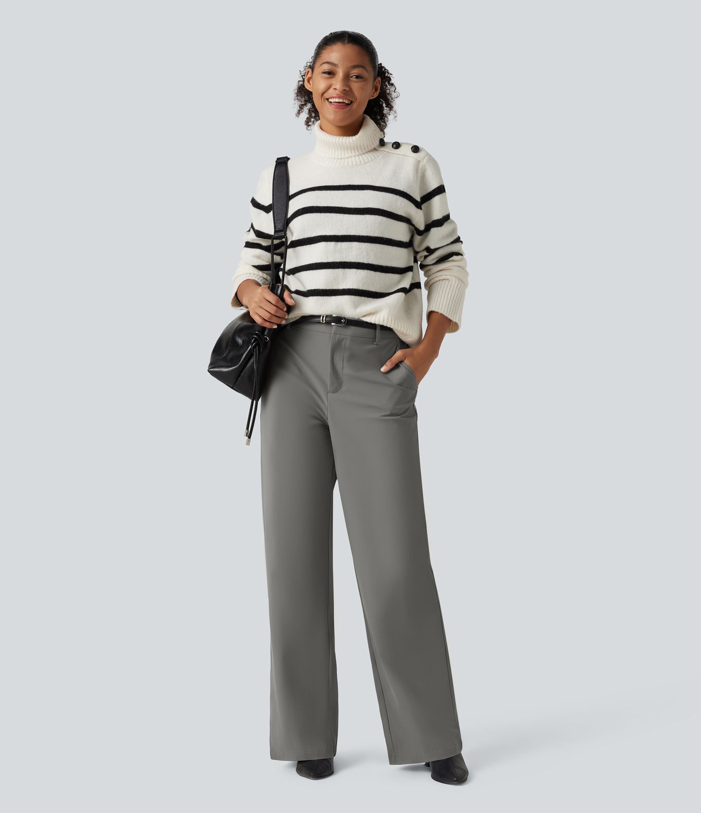 Wrinkle Recovery Mid Rise Straight Leg Work Pants with Pockets