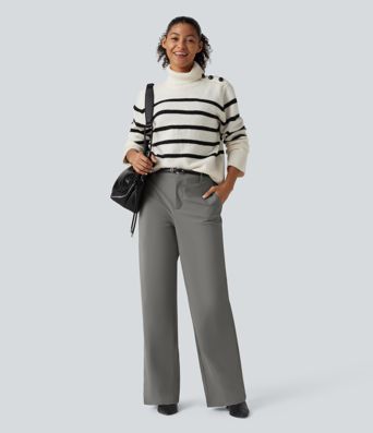Wrinkle Recovery Mid Rise Straight Leg Work Pants with Pockets