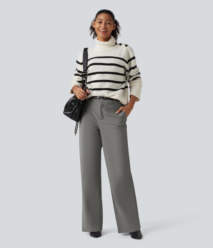 Wrinkle Recovery Mid Rise Straight Leg Work Pants with Pockets