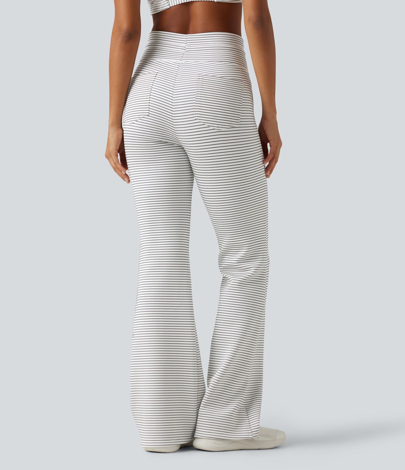 High Waisted Drawstring Flare Stripe Fleece Yoga Pants with Pockets