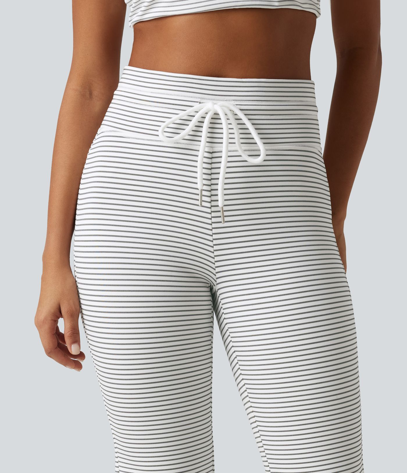 High Waisted Drawstring Flare Stripe Fleece Yoga Pants with Pockets