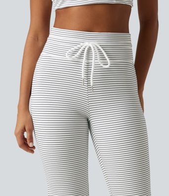 High Waisted Drawstring Flare Stripe Fleece Yoga Pants with Pockets
