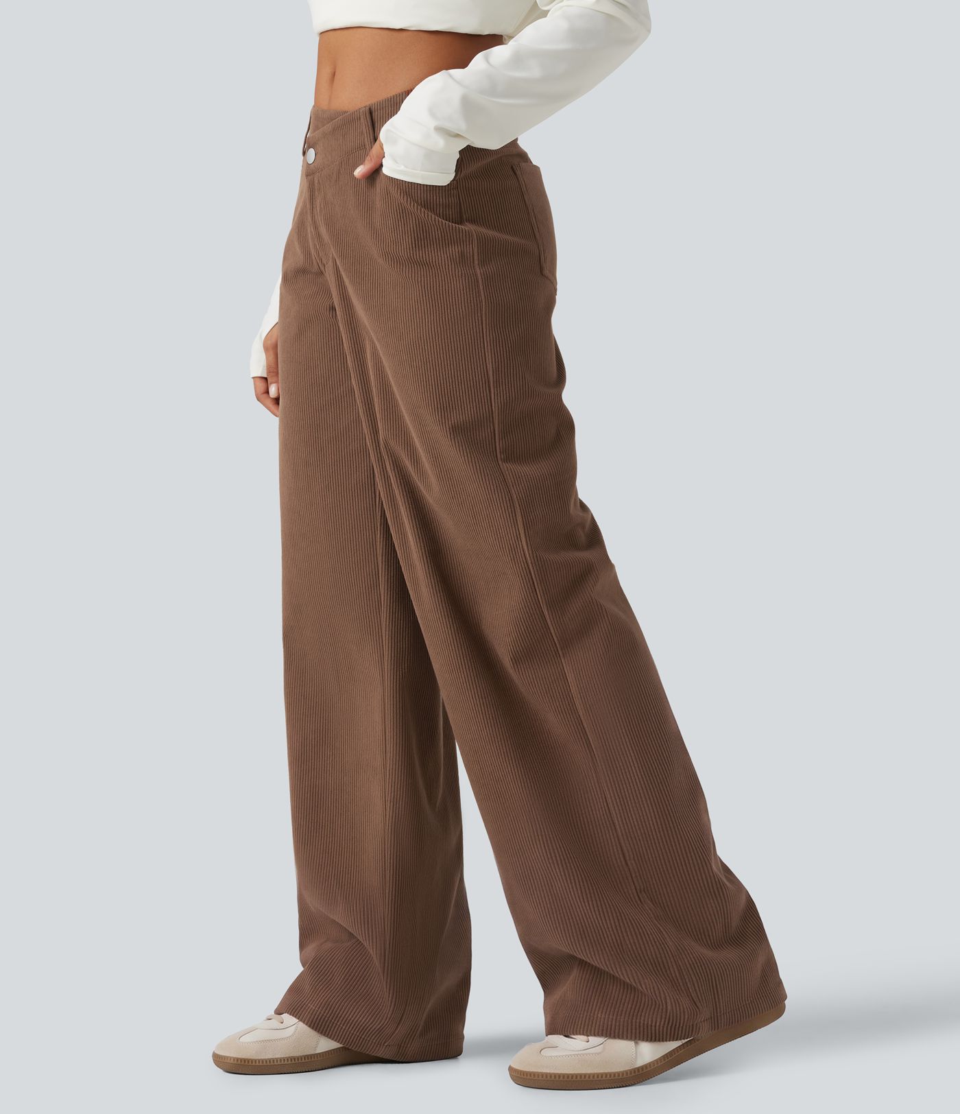 Mid Rise Asymmetric Wide Leg Corduroy Casual Pants with Pockets
