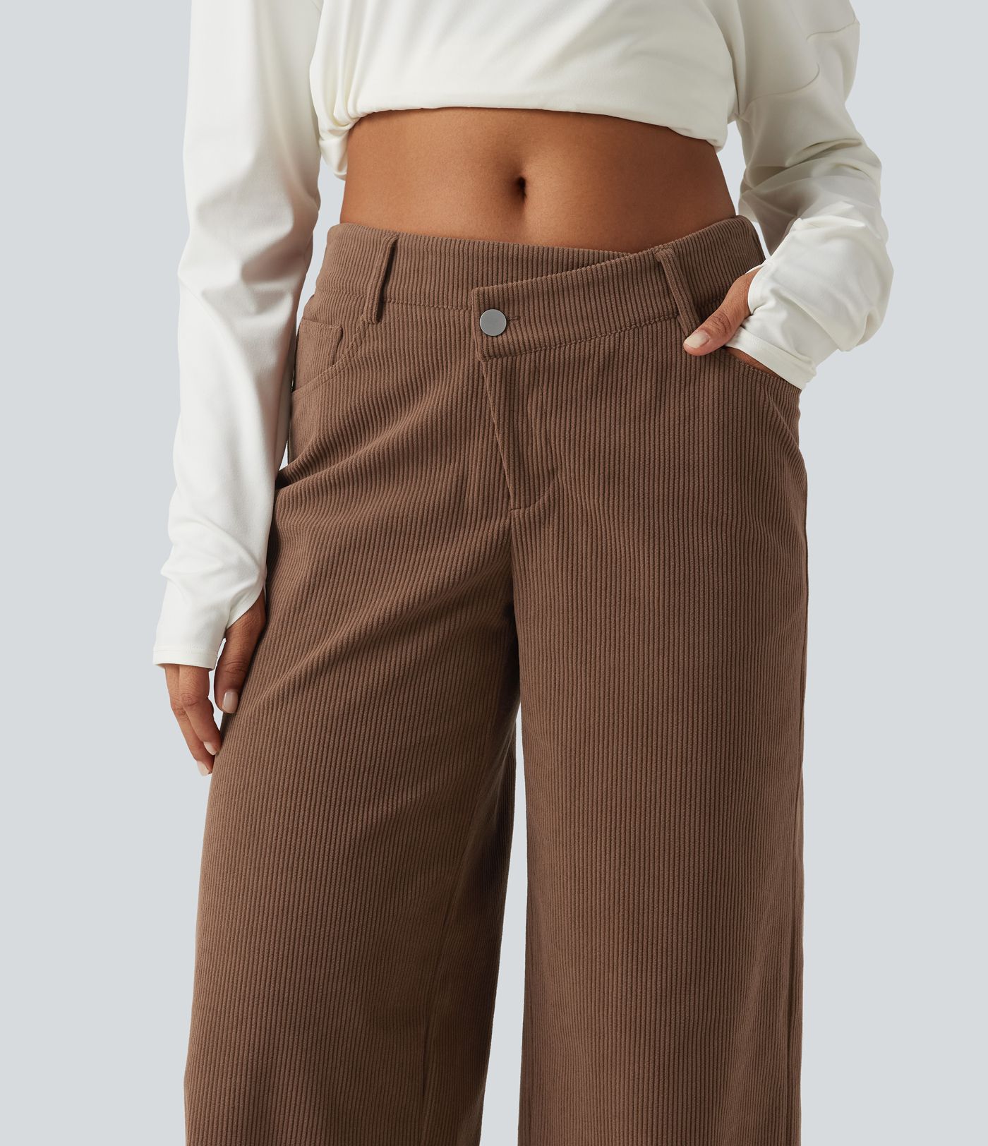 Mid Rise Asymmetric Wide Leg Corduroy Casual Pants with Pockets