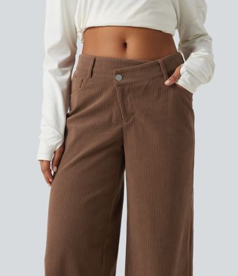 Mid Rise Asymmetric Wide Leg Corduroy Casual Pants with Pockets