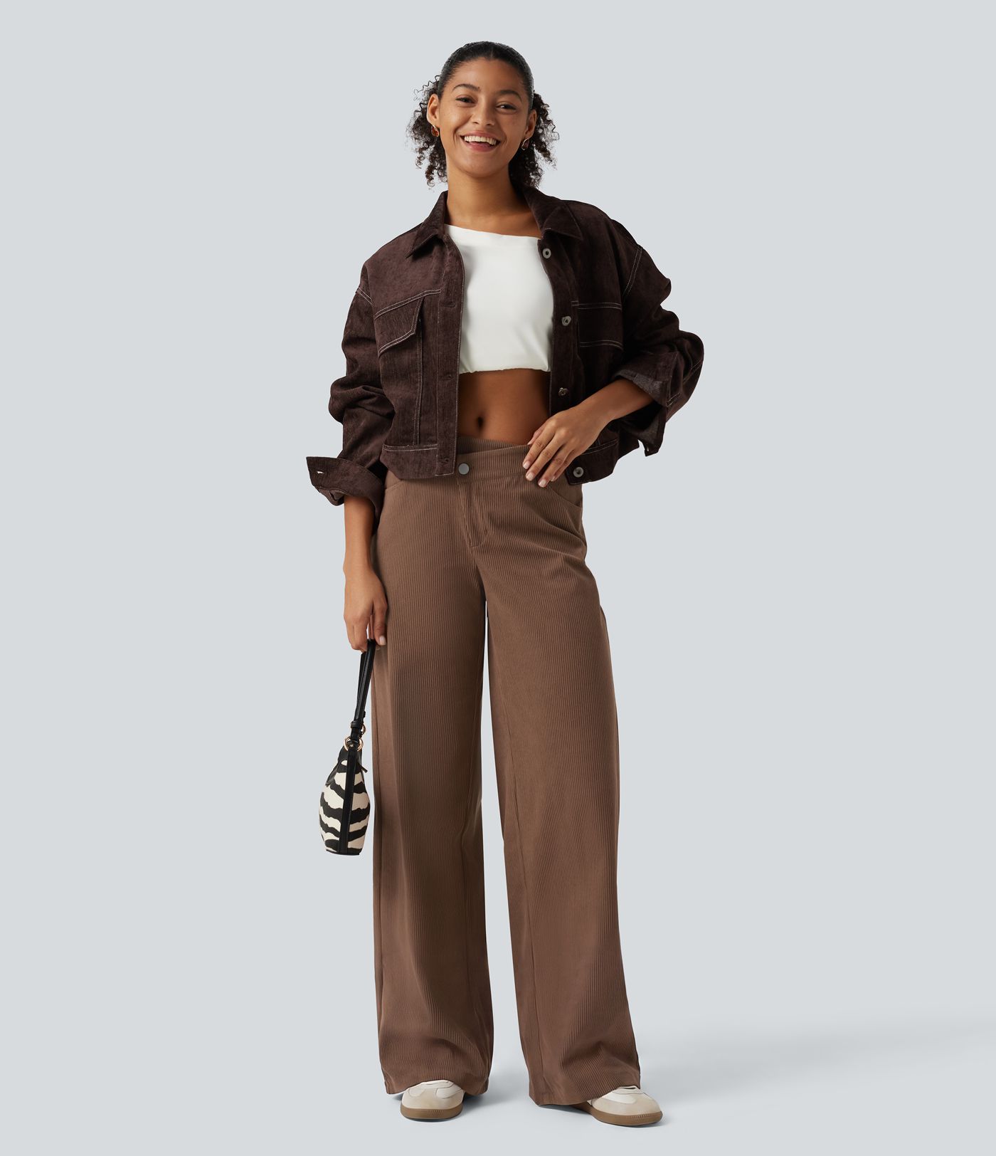 Mid Rise Asymmetric Wide Leg Corduroy Casual Pants with Pockets