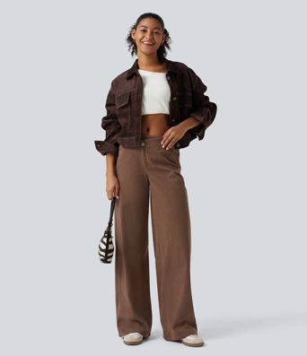 Mid Rise Asymmetric Wide Leg Corduroy Casual Pants with Pockets