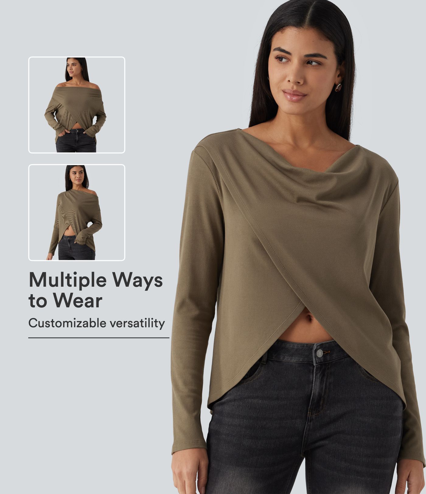 Cowl Neck Crossover Long Sleeve Curved Hem Casual Top Cowl Neck Crossover Long Sleeve Curved Hem Casual Top