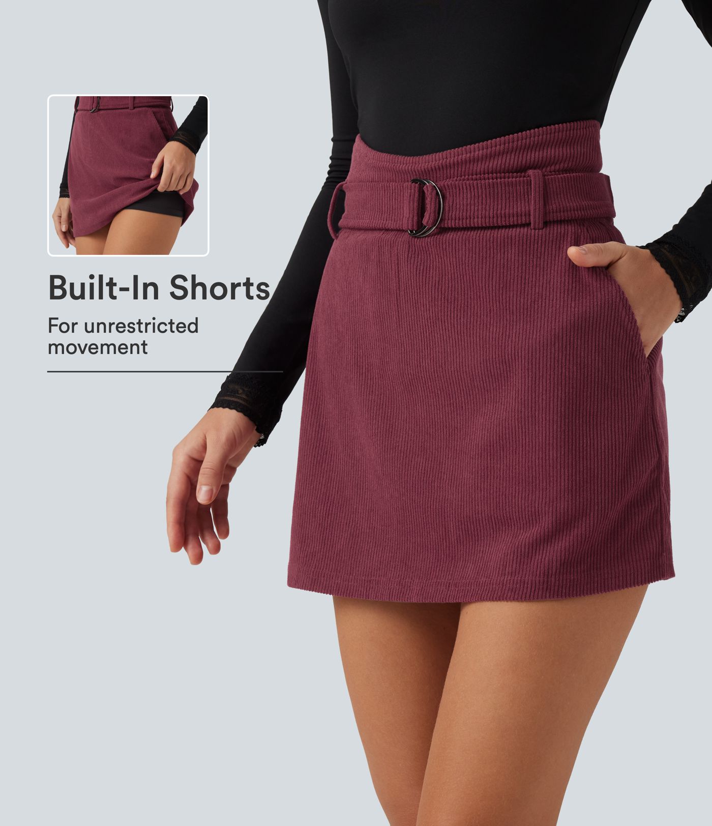Super High Waisted A-Line Corduroy Casual Mini Skirt with Built-In Shorts and Pockets Super High Waisted A-Line Corduroy Casual Mini Skirt with Built-In Shorts and Pockets