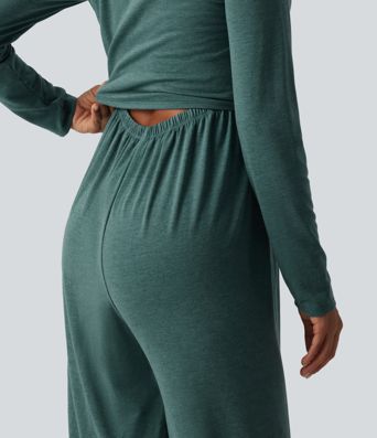 Scoop Neck Long Sleeve Built-in Bra Wide Leg Ruched Casual Jumpsuit with Pockets-Easy Peezy Edition