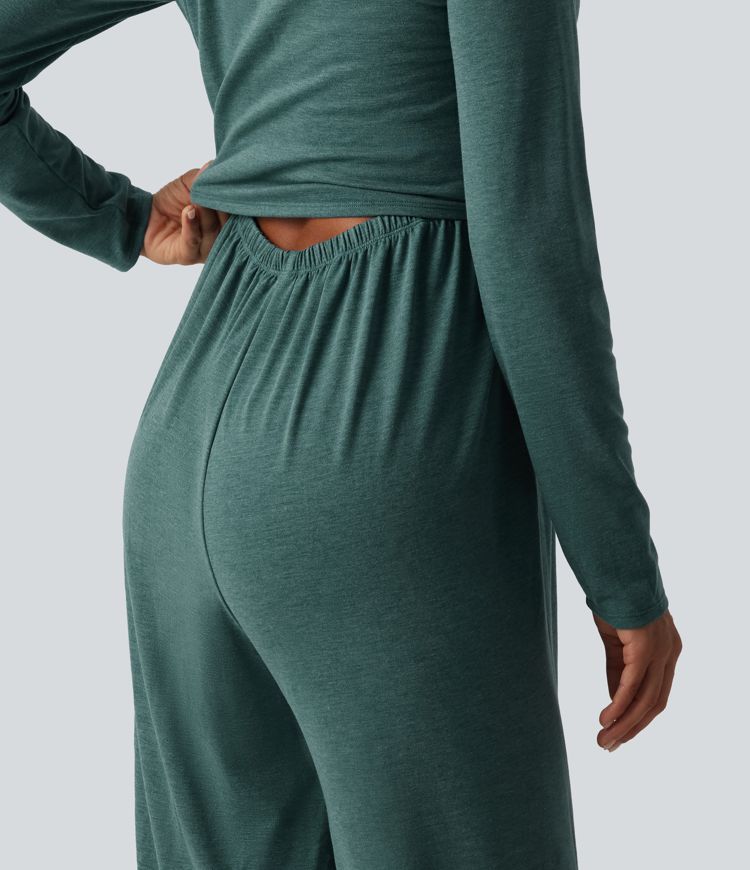 Scoop Neck Long Sleeve Built-in Bra Wide Leg Ruched Casual Jumpsuit with Pockets-Easy Peezy Edition