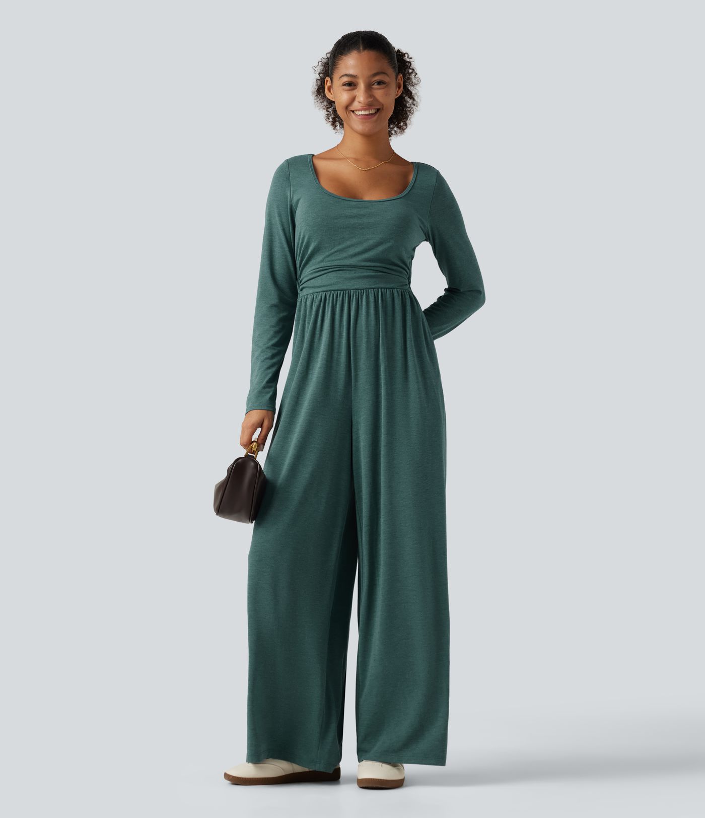 Scoop Neck Long Sleeve Built-in Bra Wide Leg Ruched Casual Jumpsuit with Pockets-Easy Peezy Edition