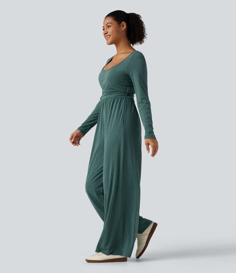 Scoop Neck Long Sleeve Built-in Bra Wide Leg Ruched Casual Jumpsuit with Pockets-Easy Peezy Edition