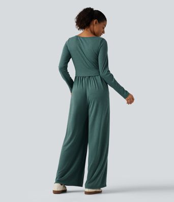 Scoop Neck Long Sleeve Built-in Bra Wide Leg Ruched Casual Jumpsuit with Pockets-Easy Peezy Edition