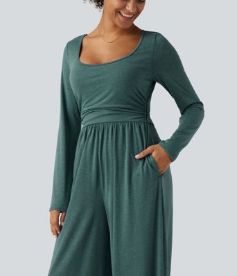 Scoop Neck Long Sleeve Built-in Bra Wide Leg Ruched Casual Jumpsuit with Pockets-Easy Peezy Edition
