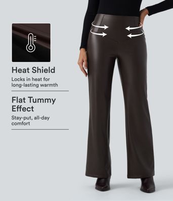 Pantalon décontracté en simili cuir PU, taille haute, extensible, doublure polaire, effet gainant pour le ventre, coupe bootcut, avec poches.