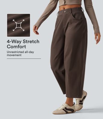 Mid Rise Barrel Leg Casual Cotton Pants with Pockets