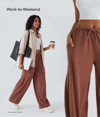 Mid Rise Elastic Waistband Drawstring Pocket Palazzo Flowy Wide Leg Baggy Casual Pants