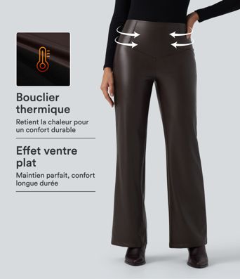 Pantalones casuales de piel sintética (PU) de talle alto y elásticos, con forro de polar, efecto control de abdomen, corte bootcut y bolsillos