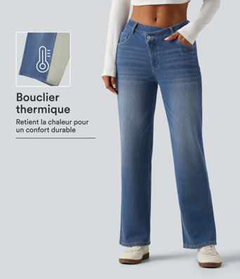 Jean effet polaire à taille mi-haute, coupe droite asymétrique avec poches Jean effet polaire à taille mi-haute, coupe droite asymétrique avec poches