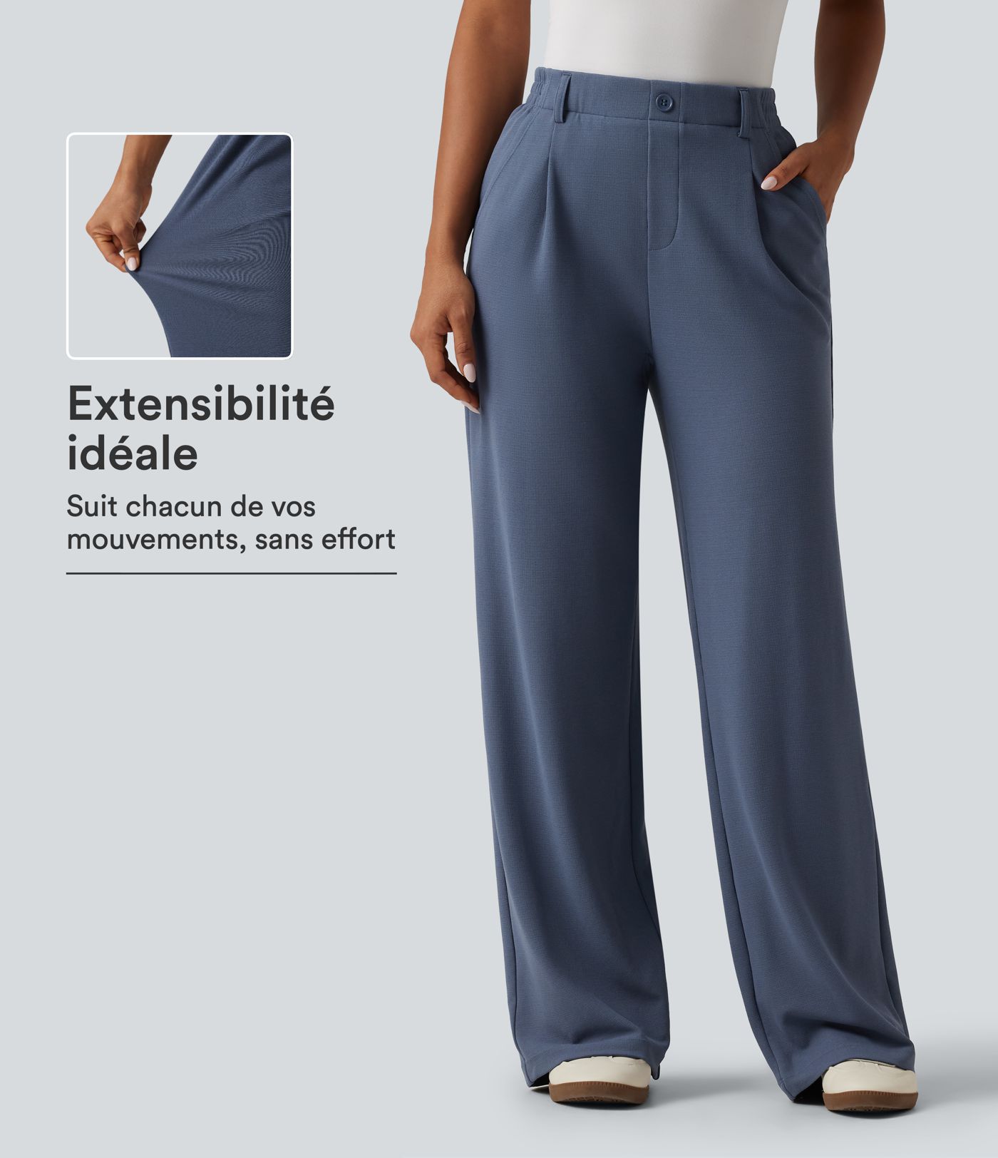 Pantalon de bureau gaufré à taille haute et coupe large avec poches Pantalon de bureau gaufré à taille haute et coupe large avec poches