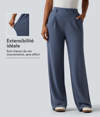 Pantalon de bureau gaufré à taille haute et coupe large avec poches Pantalon de bureau gaufré à taille haute et coupe large avec poches
