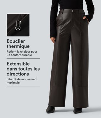 Pantalon droit en simili stretch doublé polaire taille haute avec poches