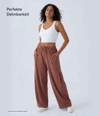 Palazzo Flowy Hose mit weitem Bein, mittelhohem elastischem Bund, Kordelzug und Seitentaschen