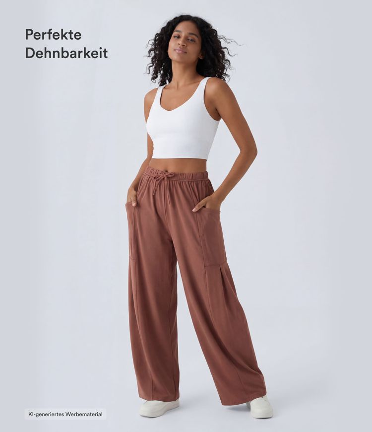 Palazzo Flowy Hose mit weitem Bein, mittelhohem elastischem Bund, Kordelzug und Seitentaschen