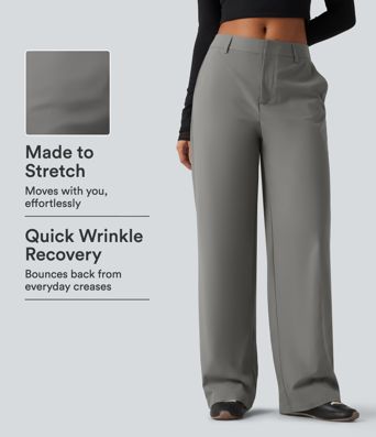 Wrinkle Recovery Mid Rise Straight Leg Work Pants with Pockets