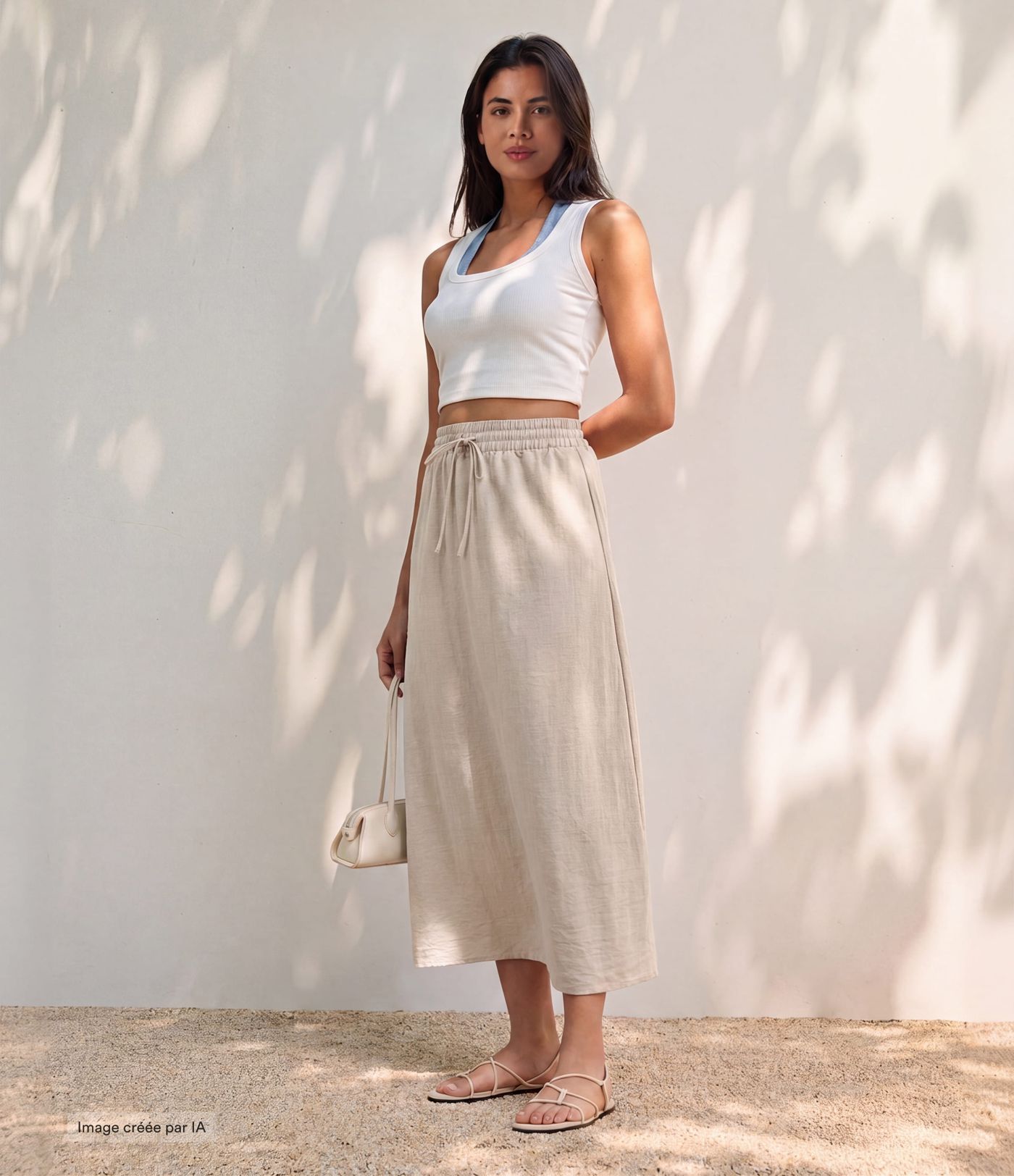 Jupe longue casual aspect lin taille haute avec cordon de serrage Jupe longue casual aspect lin taille haute avec cordon de serrage