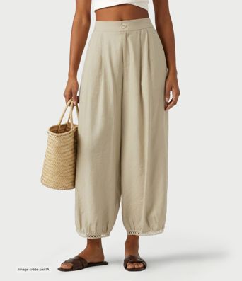 Pantalon casual barrel longueur 7/8 taille mi-haute à bordure ajourée avec poches