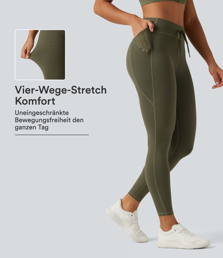 Lauf-Leggings mit hohem Bund, Seitentaschen, Kordelzug, Kontrast-Mesh und reflektierenden Punkten - schnelltrocknend Lauf-Leggings mit hohem Bund, Seitentaschen, Kordelzug, Kontrast-Mesh und reflektierenden Punkten - schnelltrocknend