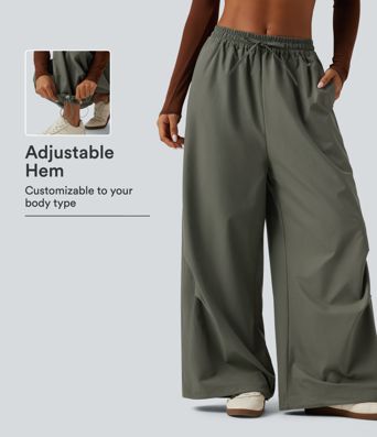 Mid Rise Drawstring Baggy Adjustable Drawcord Hiking Cargo Pant with Pockets