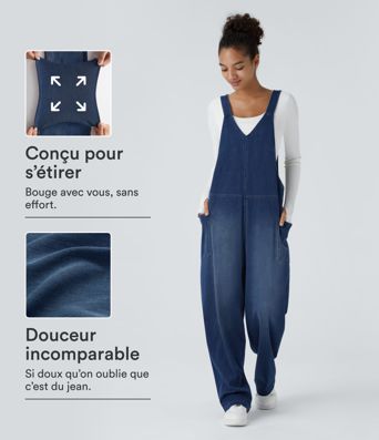Halara Flex™ Salopetă casual din denim spălat, cu decolteu în V și buzunar