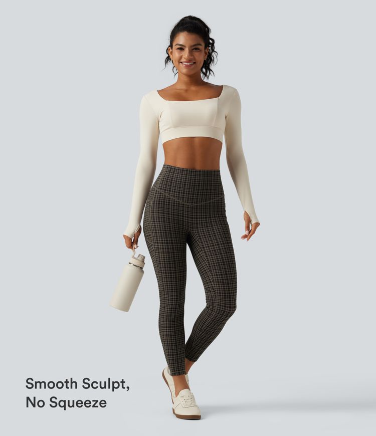 Halara UltraSculpt™ High Waisted Tummy Control Fleece Skinny Plaid Workout Leggings with Pockets