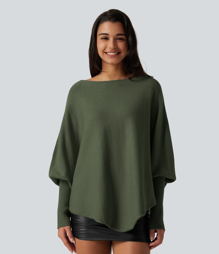 Pull à manches longues chauve-souris avec ourlet asymétrique