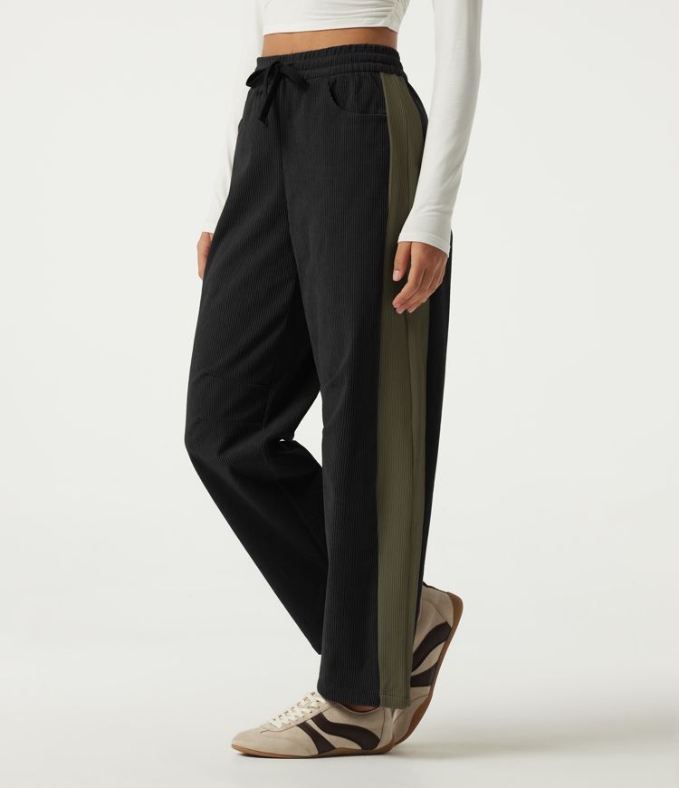 High Waisted Drawstring Color Block Barrel Leg Corduroy Casual Pants with Pockets