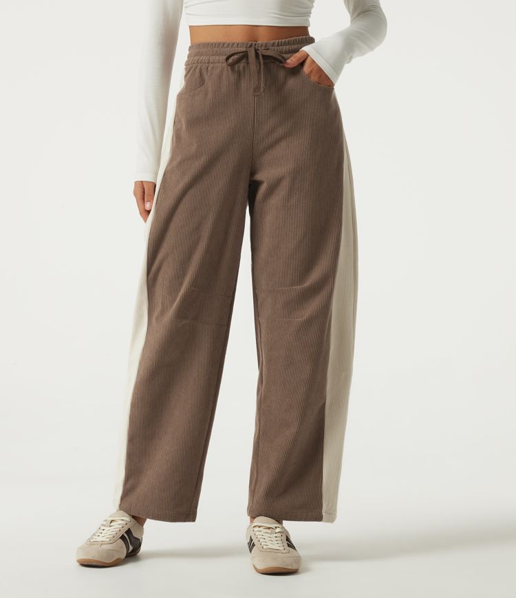 High Waisted Drawstring Color Block Barrel Leg Corduroy Casual Pants with Pockets High Waisted Drawstring Color Block Barrel Leg Corduroy Casual Pants with Pockets